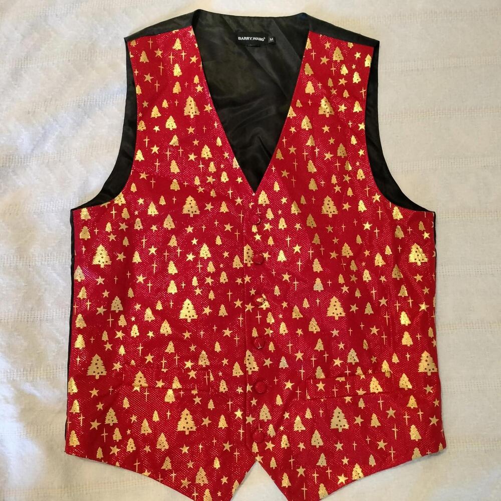 Barry Wang Red Vest With Gold Christmas Trees‎ Size Men's M